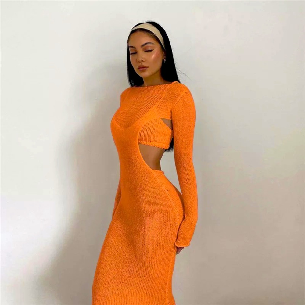 SimplyBeautyful Knitted Long Sleeve Cut Out Maxi Dress…New….Sz: L….Color…Orange